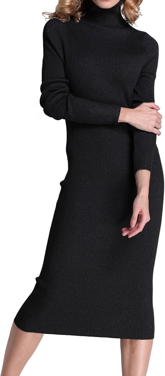 Rocorose Women's Turtleneck Ribbed Elbow Long Sleeve Knit Sweater Dress Black S at Amazon Women’s Clothing store