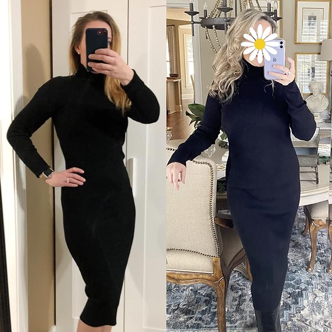 Rocorose Women's Turtleneck Ribbed Elbow Long Sleeve Knit Sweater Dress Black S at Amazon Women’s Clothing store